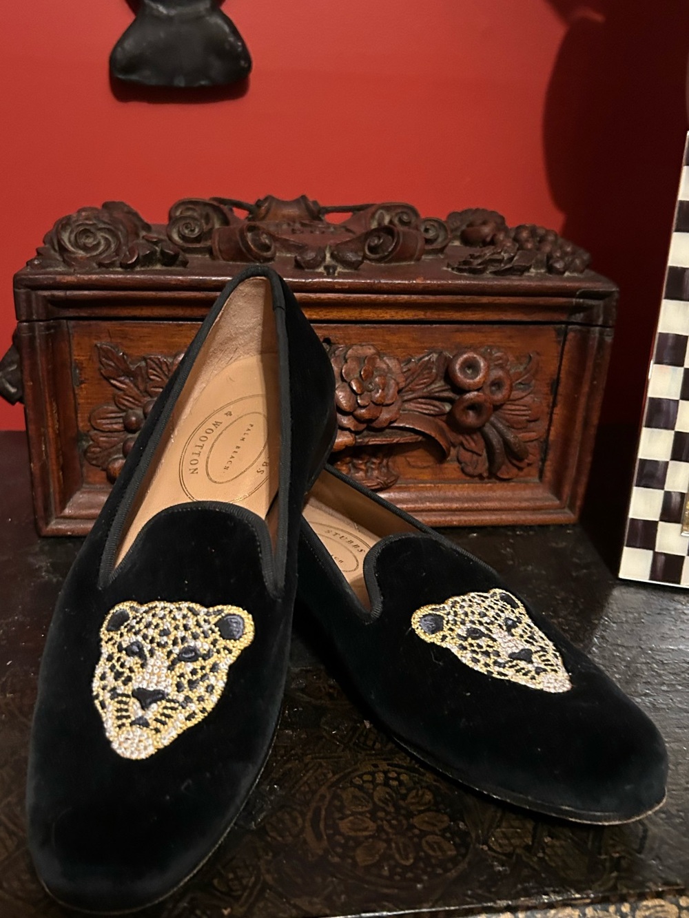Stubbs & Wootton Cat Leopard Velvet Loafers Flats 8.5 Excellent